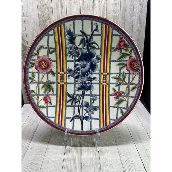 Vintage Oriental Accent Decorative Wall Plate Blue Pink Floral Design 12'' Round - Picture 1 of 6